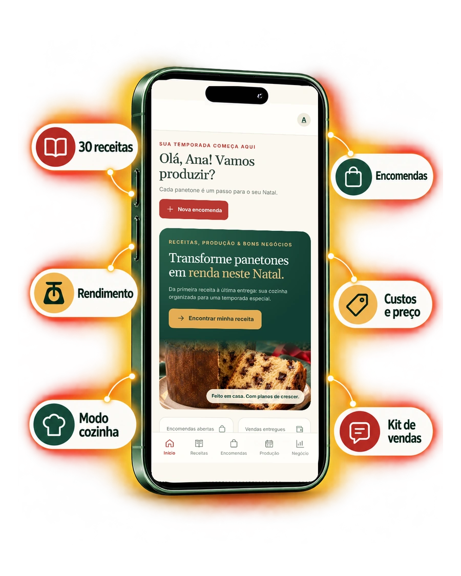 Aplicativo Panetone Chef Studio no celular com 30 receitas, rendimento, modo cozinha, encomendas, custos e preço e kit de vendas