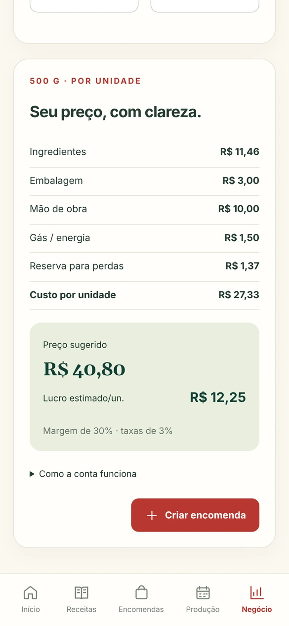 Tela real: custo por unidade e preço sugerido